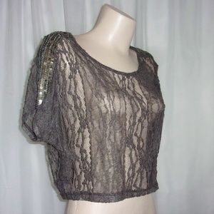 Lush Lace Cropped Cover Layer Top Sequins Womens M